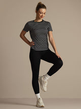 [Svart Stripe] SilkSilky-NO Kort erm Tett Crew Neck T-skjorte for Kvinner 008