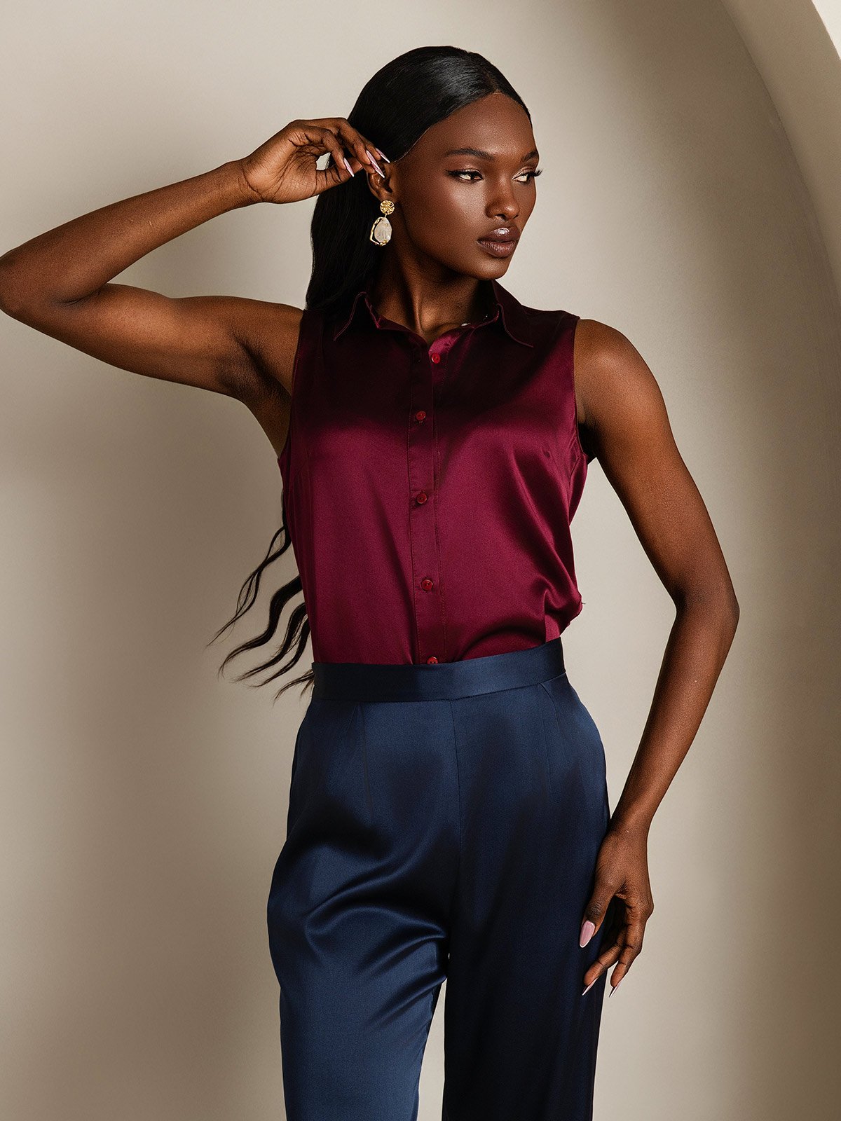 SilkSilky-NO 19Momme Silke Womens Shirt Mørkerød 004