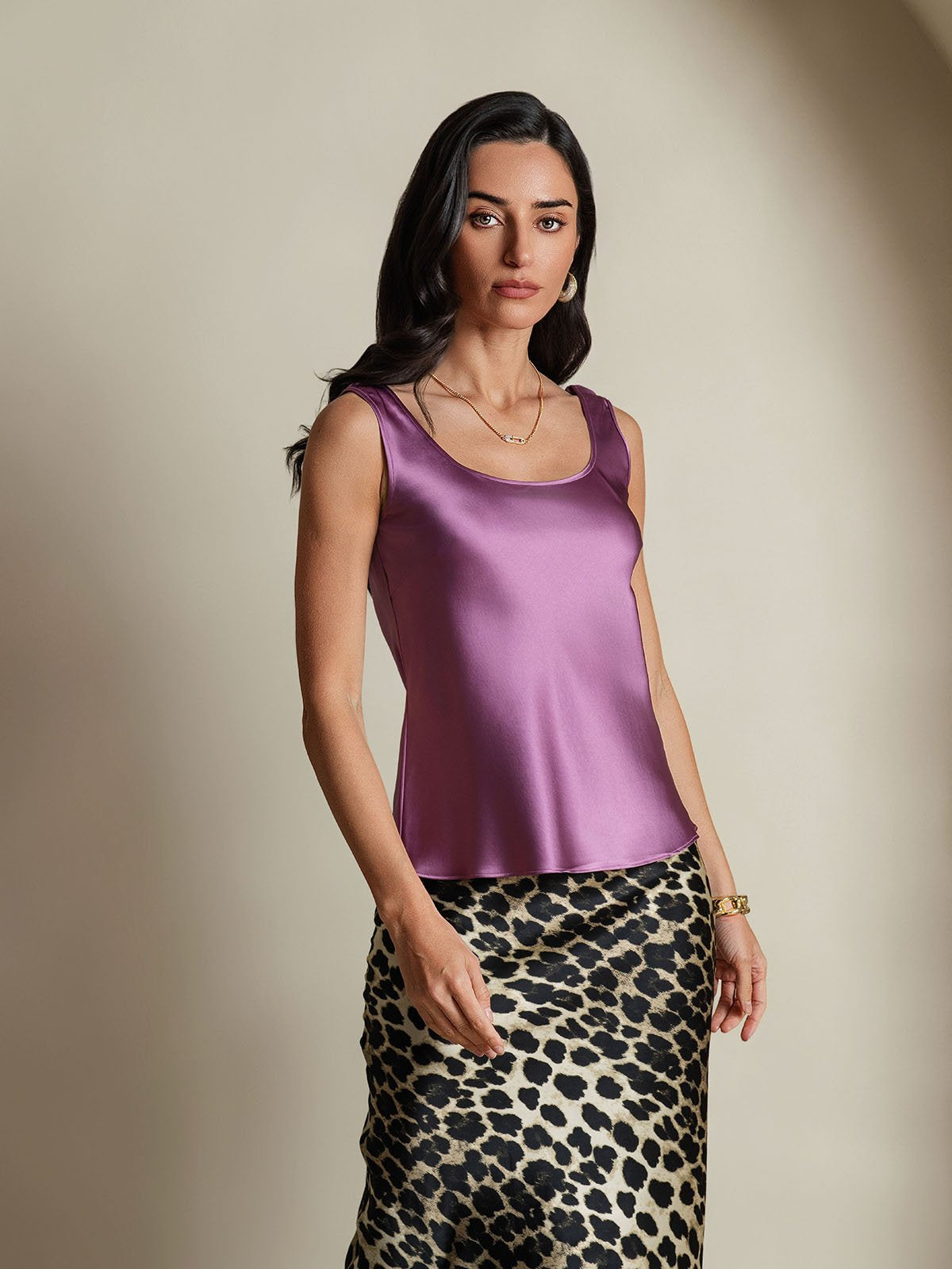 [Mørklilla] SilkSilky-NO 19Momme Silke U-hals Camisole Topp 005