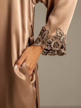 [Brun] SilkSilky-NO 3/4 Sleeve V Neck Nattkjole og Morgenkåpesett 005