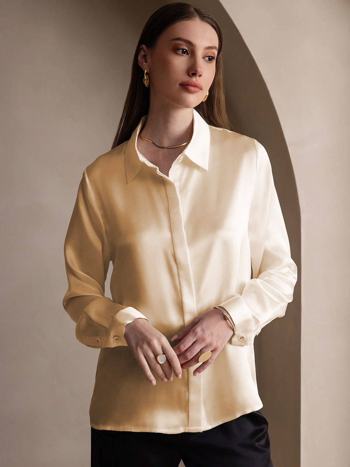 [Champagne] SilkSilky-NO 19Momme Silke Lapel Collar Skjorte for Kvinner 005