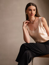 [Champagne] SilkSilky-NO 19Momme Ermeløs Dyp Rund Halsutringning Camisole Topp 004