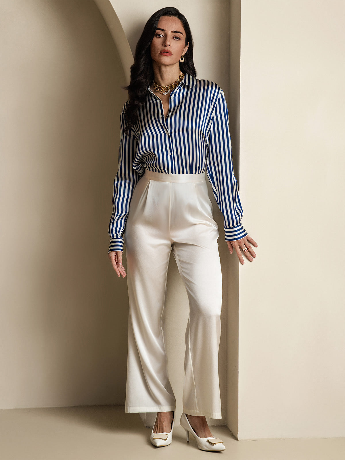 [Blå] SilkSilky-NO Silke Long Sleeve Collar Skjorte for Kvinner 007