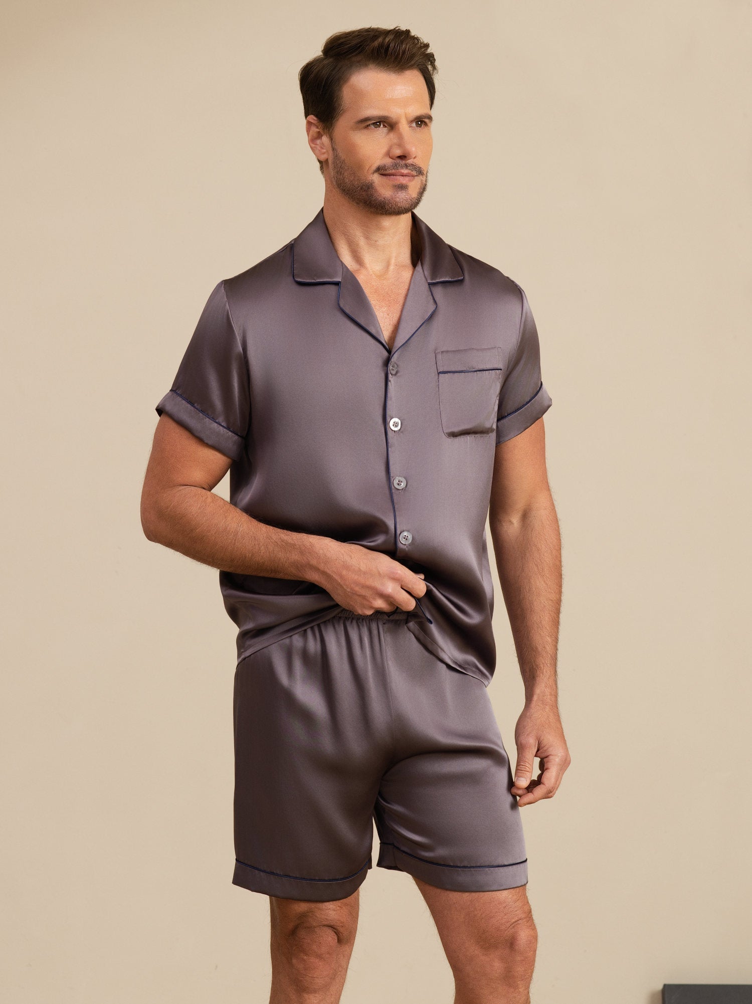 [Lilla Grå] SilkSilky-NO Pyjamas for menn 006