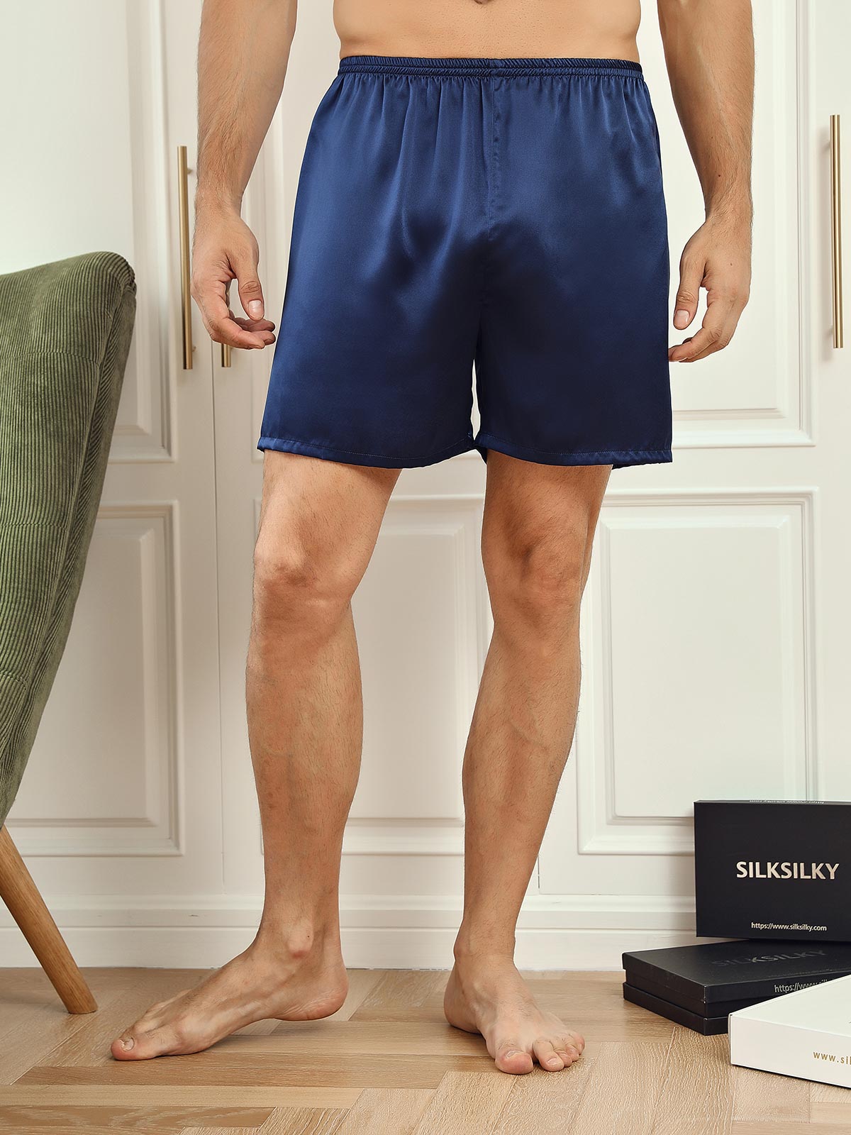 [Mørke blå] SilkSilky-NO 19Momme Mens Sleep Bottoms 003