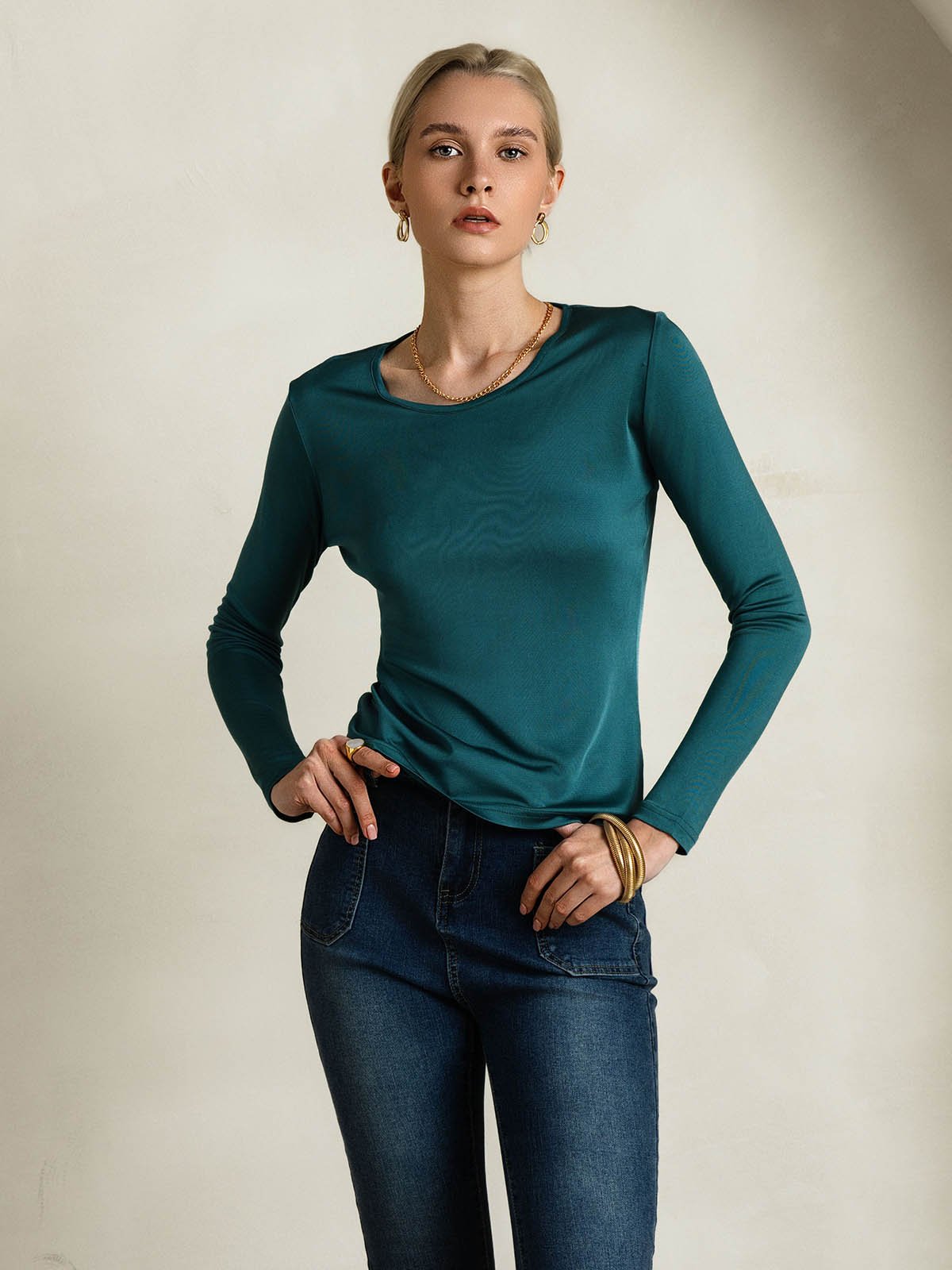 [Mørk Grønn] SilkSilky-NO Silke Long Sleeve Round Neck T-skjorte for Kvinner 003