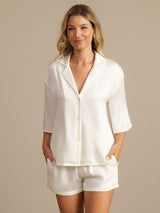 [Hvit] SilkSilky-NO 19Momme Halv erme Notchkrage Pyjamas for Kvinner 003