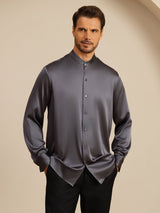 [Mørkegrå] SilkSilky-NO Long Sleeve Stand Collar Skjorte for Menn 001