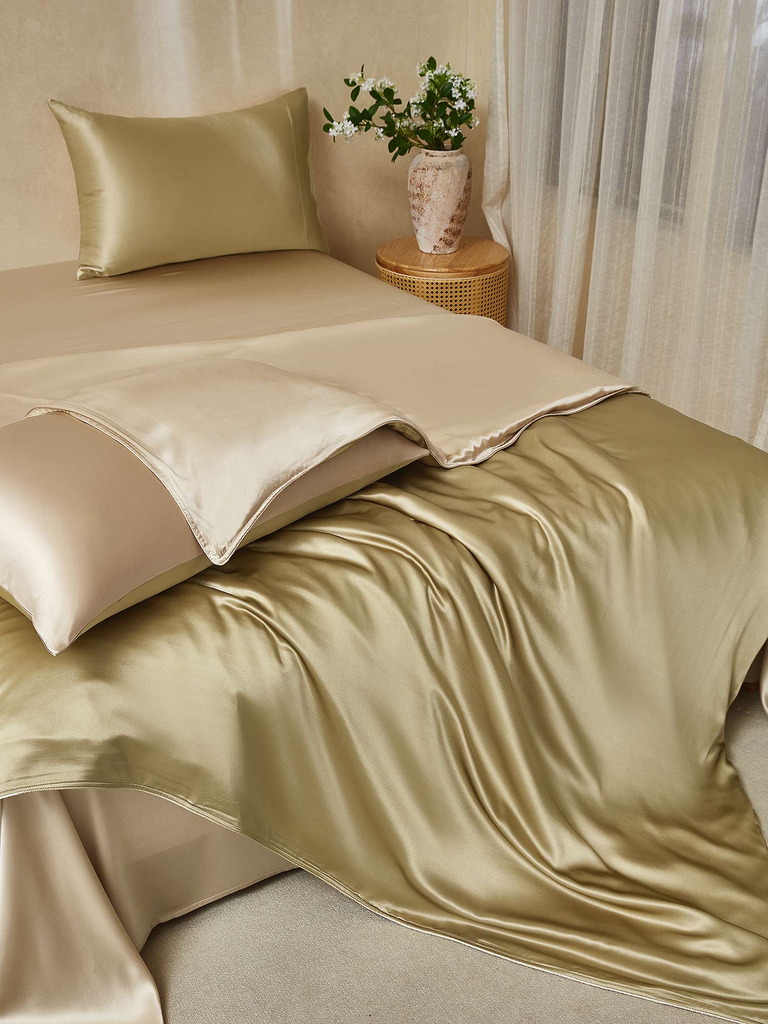 [Beige+Kaki] SilkSilky-NO 19Momme Bedding Set 001,