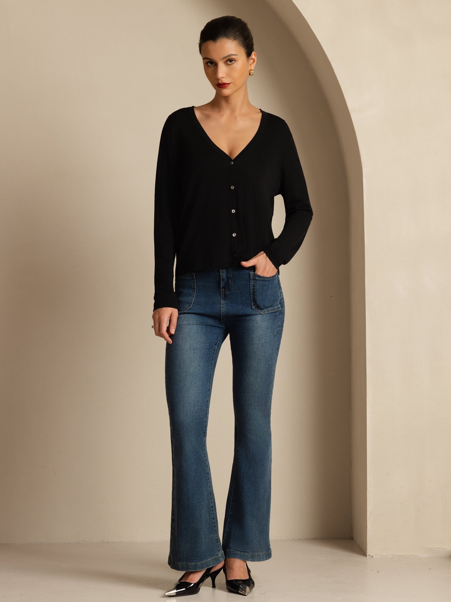 [Svart] SilkSilky-NO 19Momme Silke Langermet V Hals Dame Cardigan 006