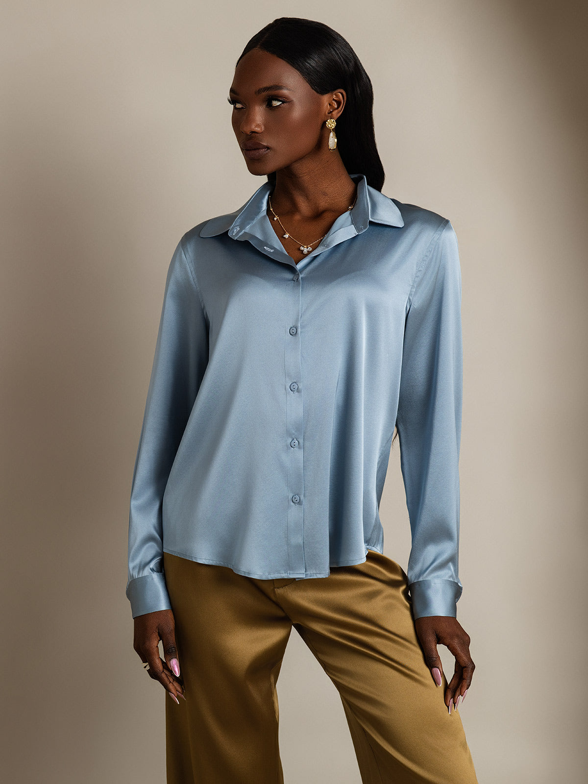 [Gråblå] SilkSilky-NO Silke Long Sleeve Collar Skjorte for Kvinner 001