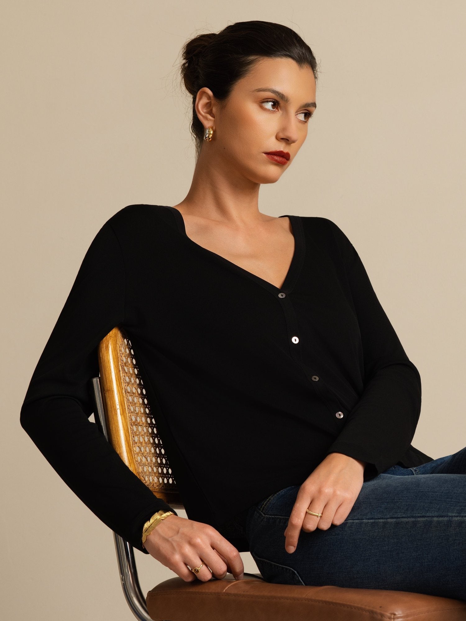 [Svart] SilkSilky-NO 19Momme Silke Langermet V Hals Dame Cardigan 004