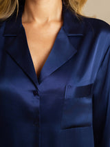 [Mørke blå] SilkSilky-NO Long Sleeve Lapel Collar Soveskjorte 006