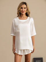 [Hvit] SilkSilky-NO Short Sleeve Round Neck Pyjamas for Kvinner 001