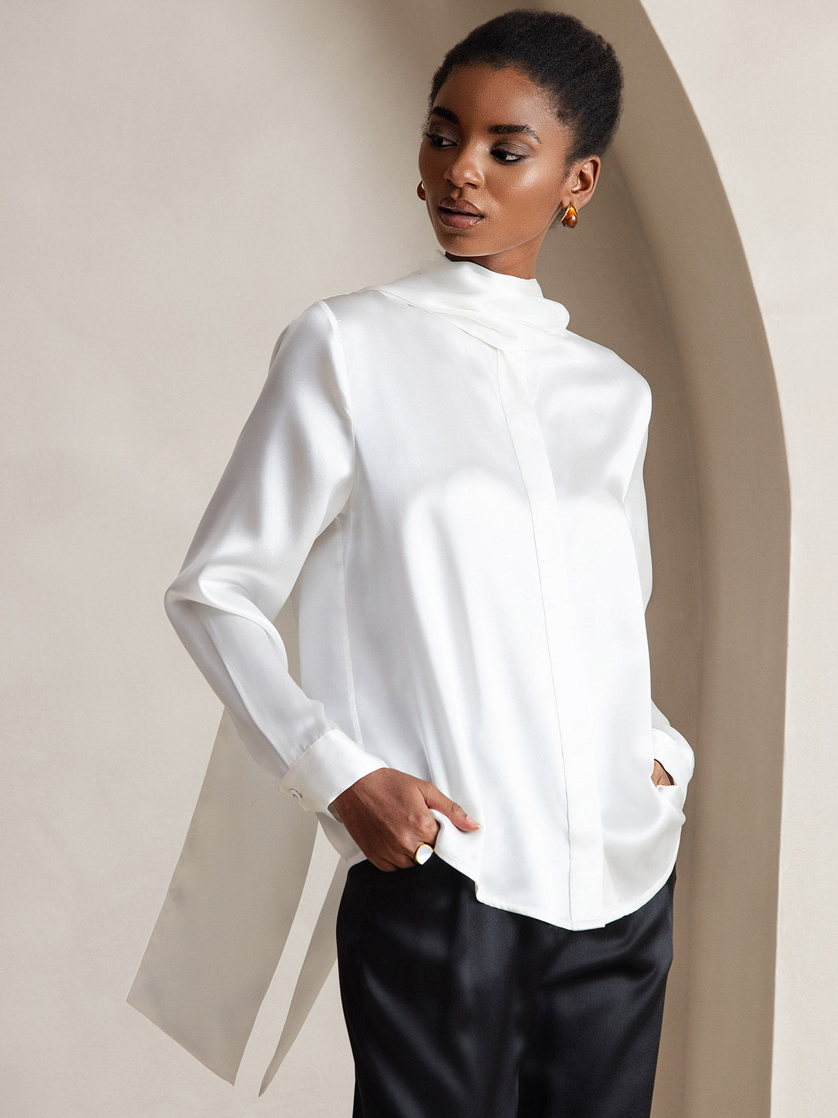 SilkSilky-NO 19Momme Womens Shirt Hvit 006