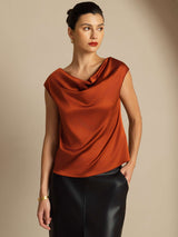[Karamell] SilkSilky-NO Cap Sleeve Cowl Neck T-skjorte for Kvinner 005