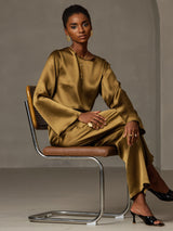 [Brun] SilkSilky-NO Long Sleeve Boat Neck Bluse 007