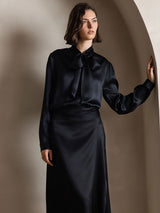 [Svart] SilkSilky-NO Long Sleeve Tie Neck Damebluser 003