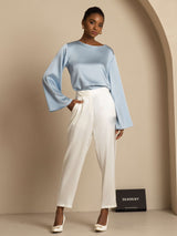 [Gråblå] SilkSilky-NO Long Sleeve Boat Neck Bluse 007