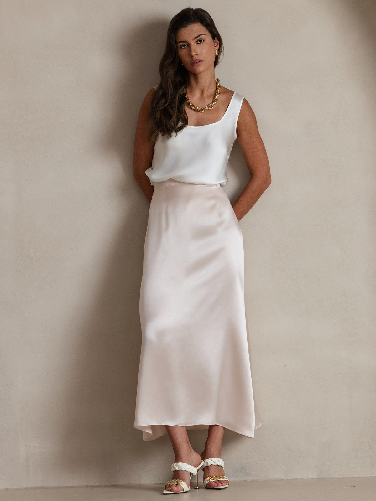 [Hvit] SilkSilky-NO 19Momme Silke U-hals Camisole Topp 007