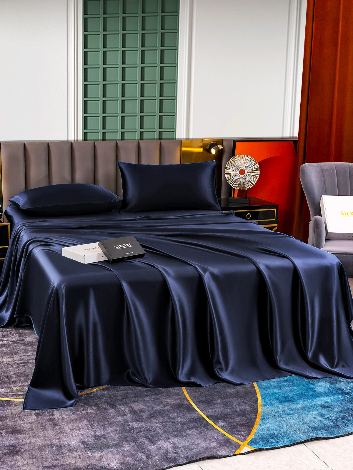 [Mørke blå] SilkSilky-NO 25Momme Bedding Set 002