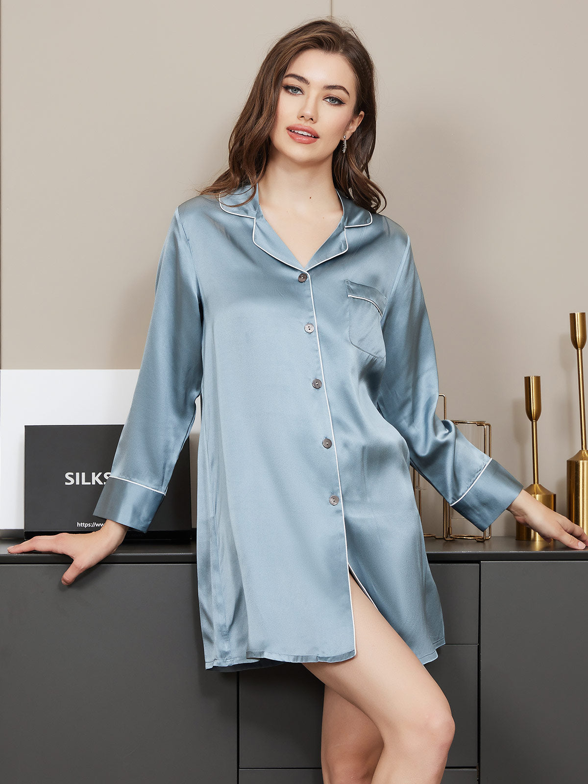 SilkSilky  Pure Silk Long Sleeve Lapel Nightshirt SteelBlue 001