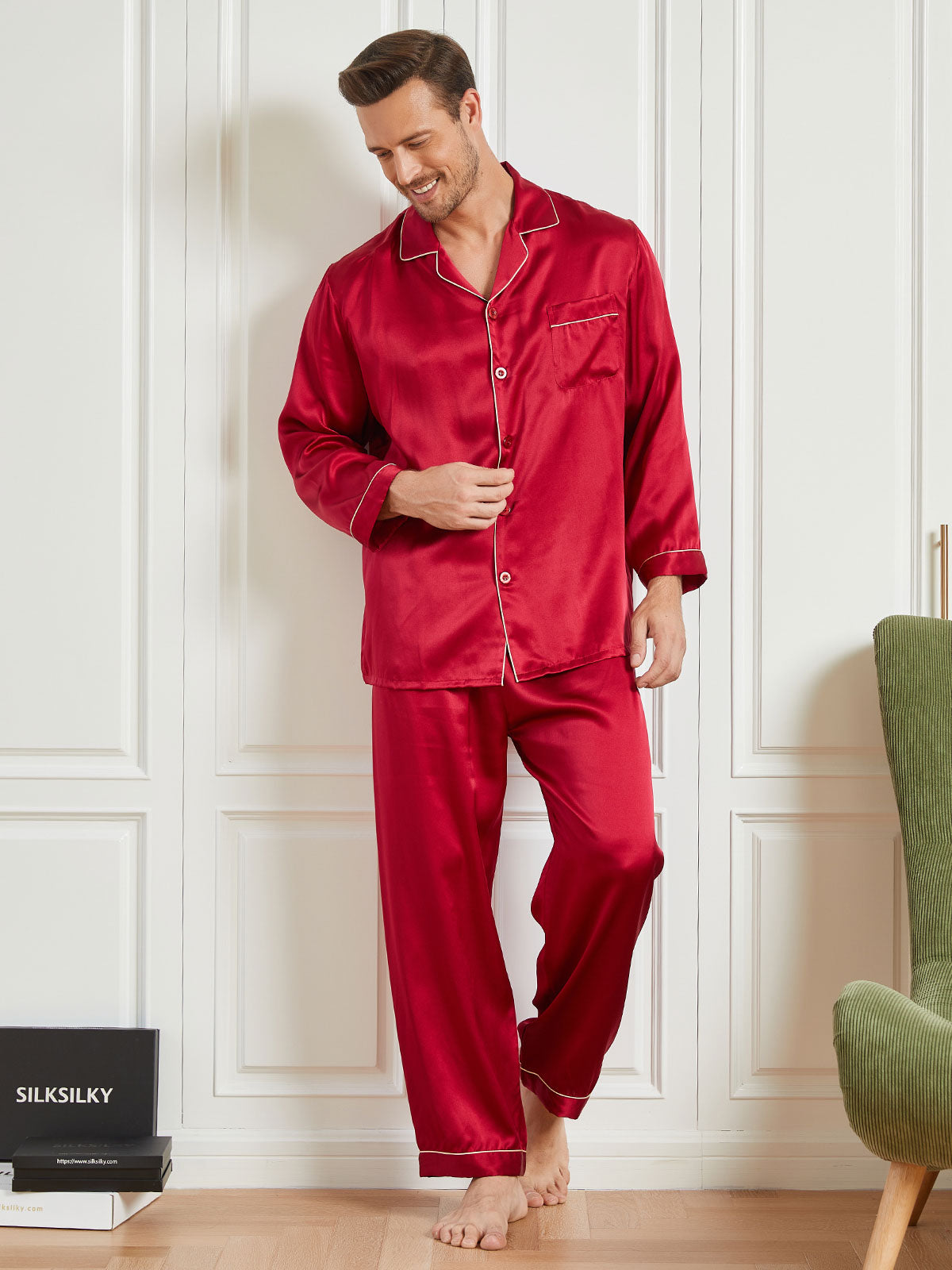 [Rød] SilkSilky-NO 19Momme Mens Pajamas 003
