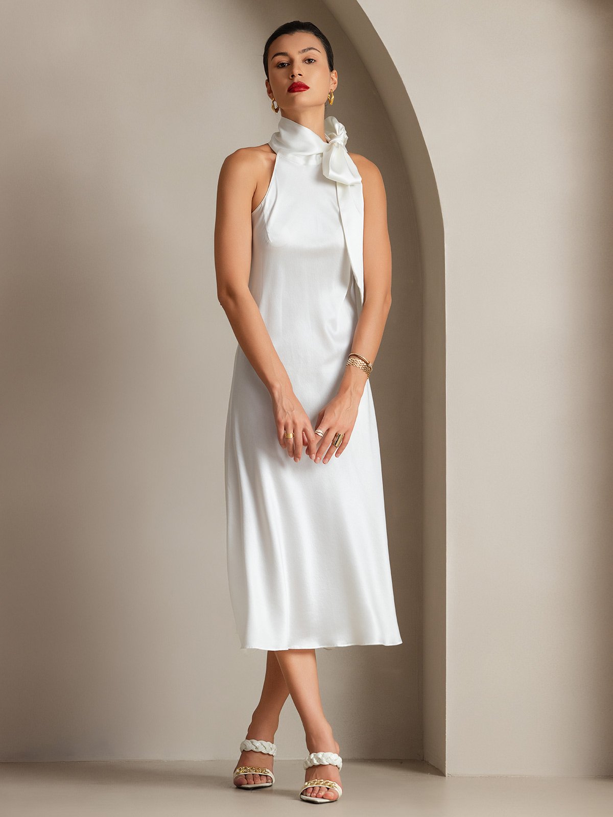 SilkSilky US 19Momme Silk Blend Sleeveless Tie Neck Dress White 001