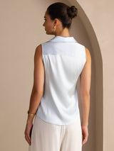 [Lyse Blå] SilkSilky-NO Sleeveless Lapel Collar Skjorte for Kvinner 002