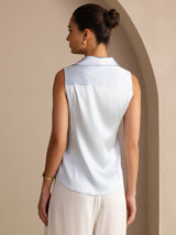 [Lyse Blå] SilkSilky-NO Sleeveless Lapel Collar Skjorte for Kvinner 002