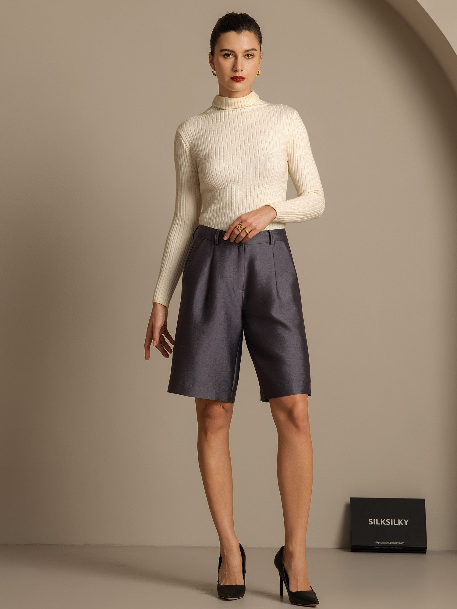 [Grå] SilkSilky-NO 32Momme Silk-Wool Blend Womens Shorts 006,