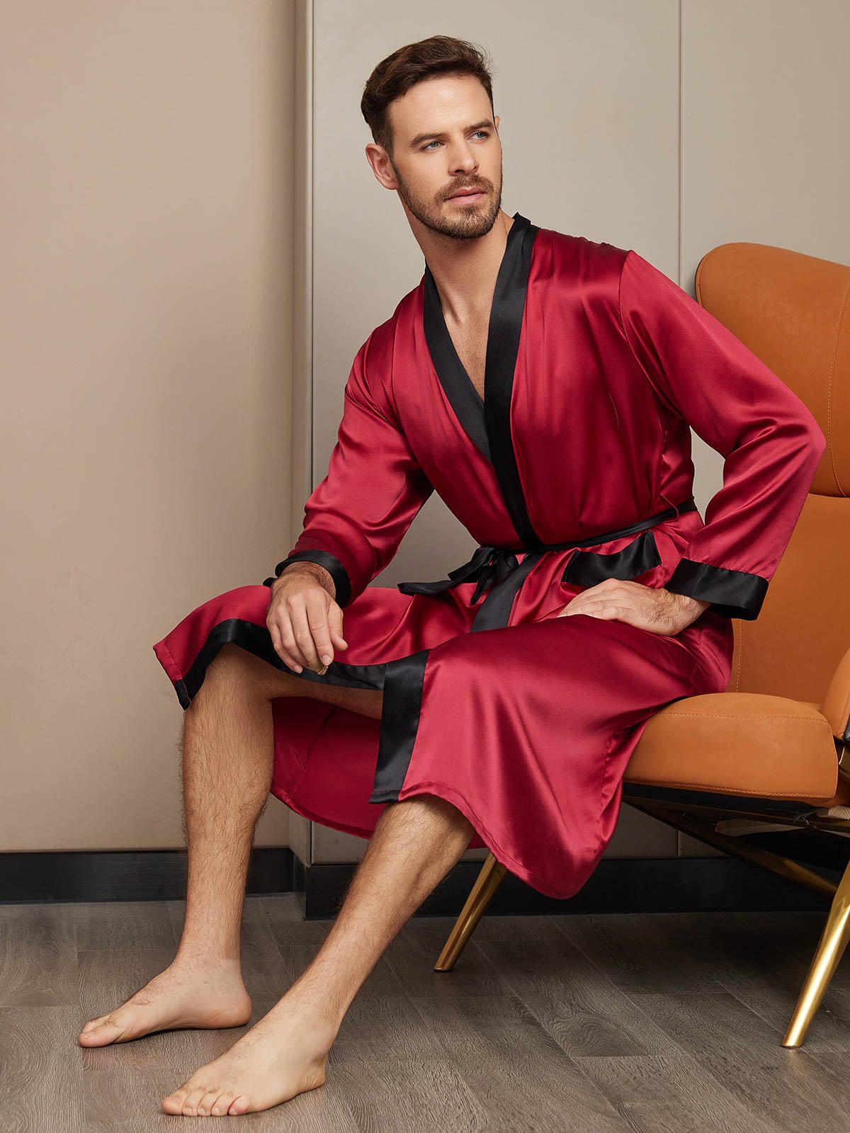 SilkSilky US Pure Silk Long Sleeve Mens Robe Wine 004