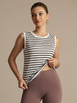 [Hvit Stripe] SilkSilky-NO Ermeløs Rund Hals Camisole Topp 004