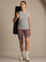 [Hvit Stripe] SilkSilky-NO Ermeløs Rund Hals Camisole Topp 007