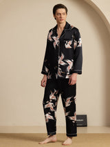 [Svart] SilkSilky-NO Long Sleeve Notch Collar Pyjamas for menn 006
