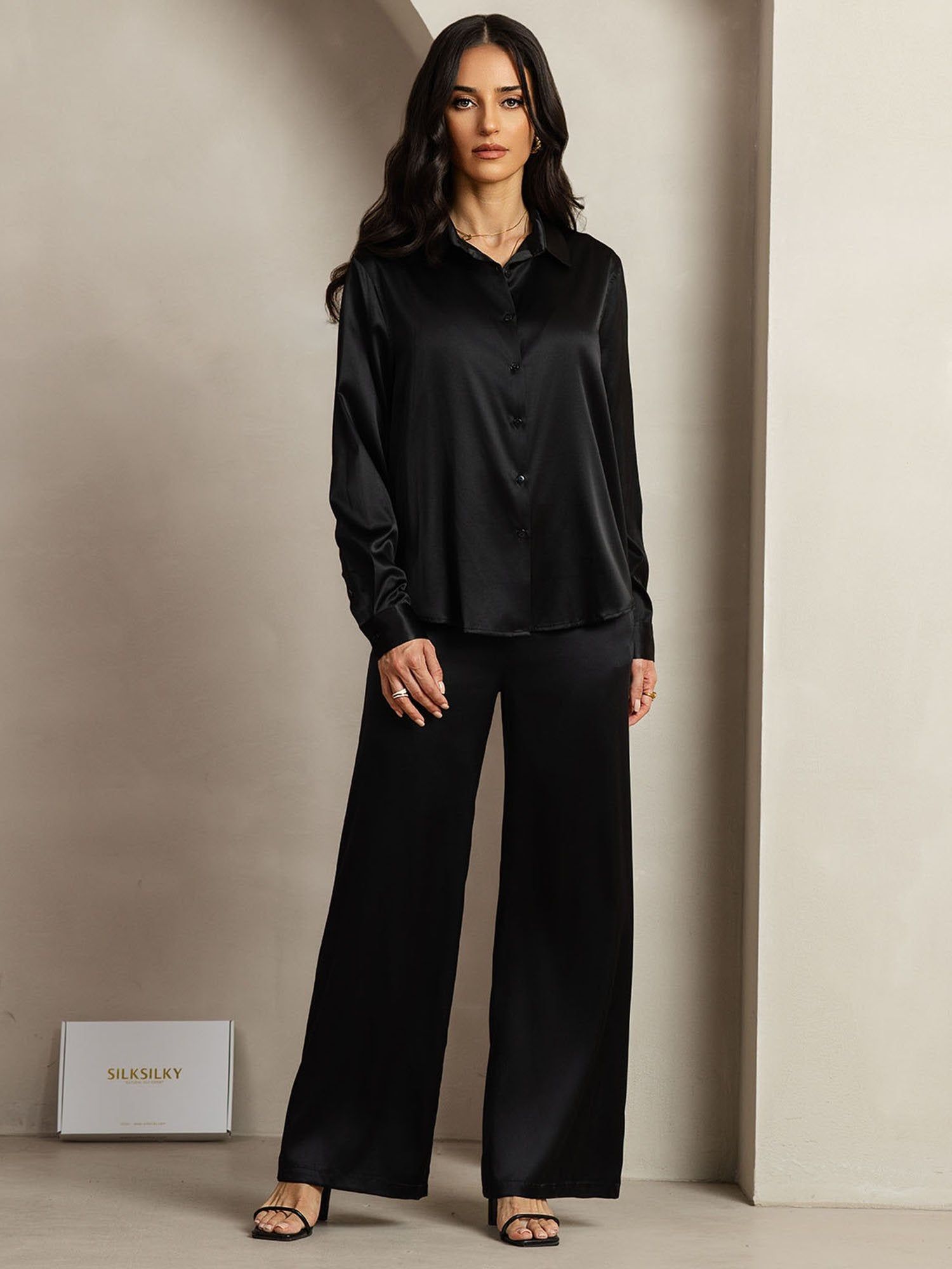 [Svart] SilkSilky-NO 19Momme Silke Lapel Collar Women''s Outfit Sets 003