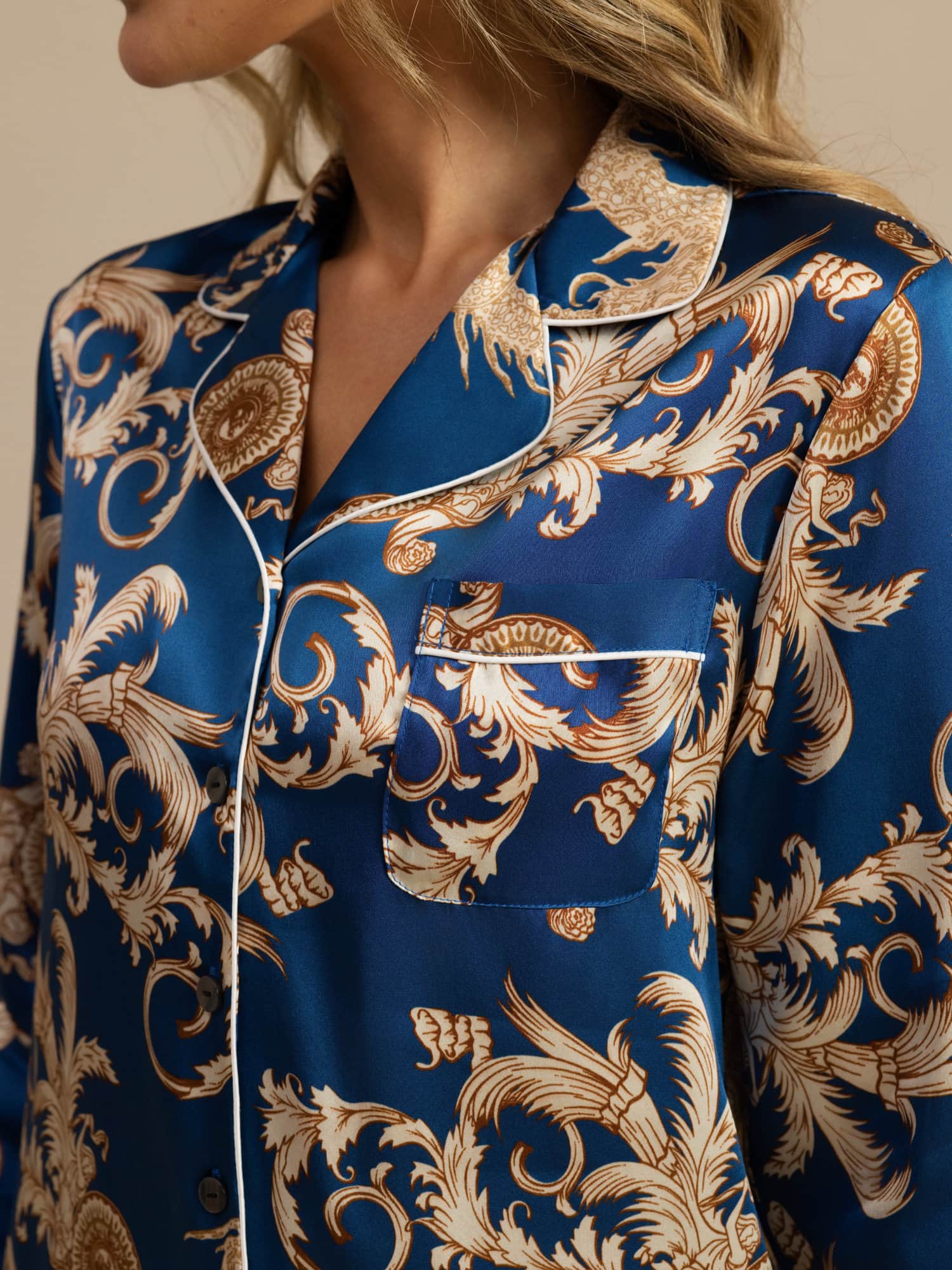 [Navy Drage] SilkSilky-NO Langermet Notchkrage Pyjamas for Kvinner 007