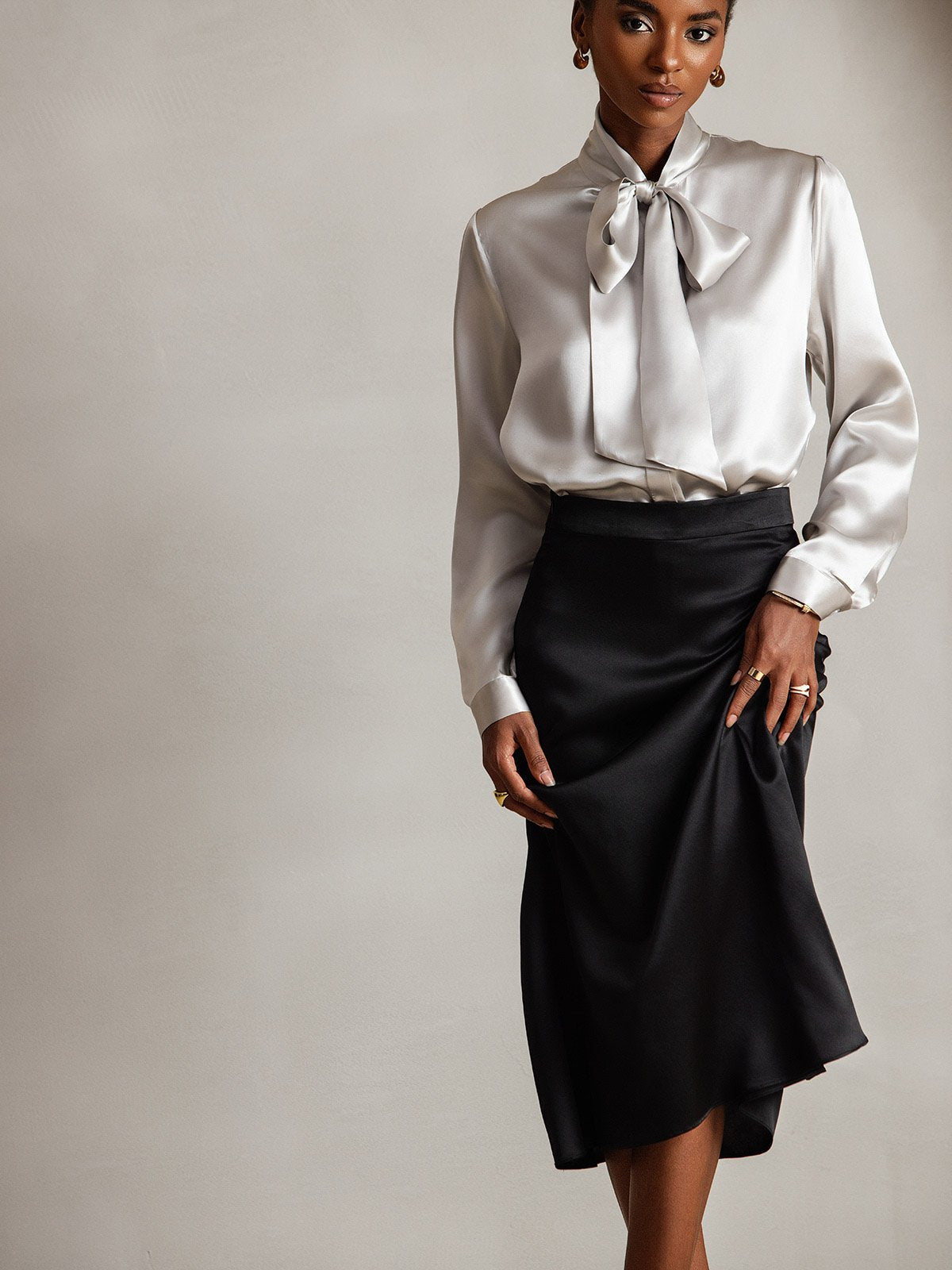 [Lysegrå] SilkSilky-NO 19Momme Silke Blouse 001