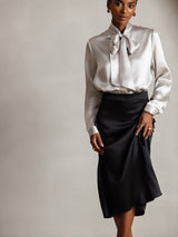 [Lysegrå] SilkSilky-NO Long Sleeve Tie Neck Damebluser 001
