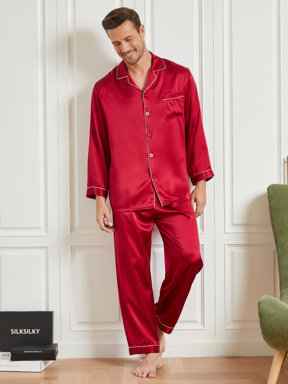 [Rød] SilkSilky-NO 19Momme Mens Pajamas 001