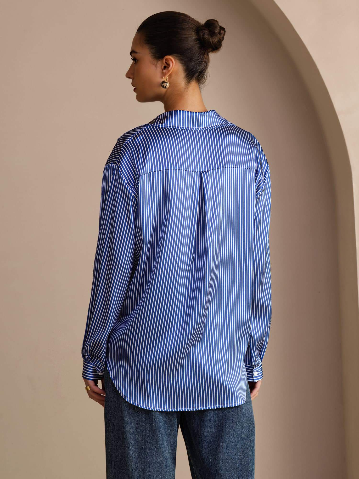 [Blå Nålestripete] SilkSilky-NO Long Sleeve Lapel Collar Skjorte for Kvinner 002