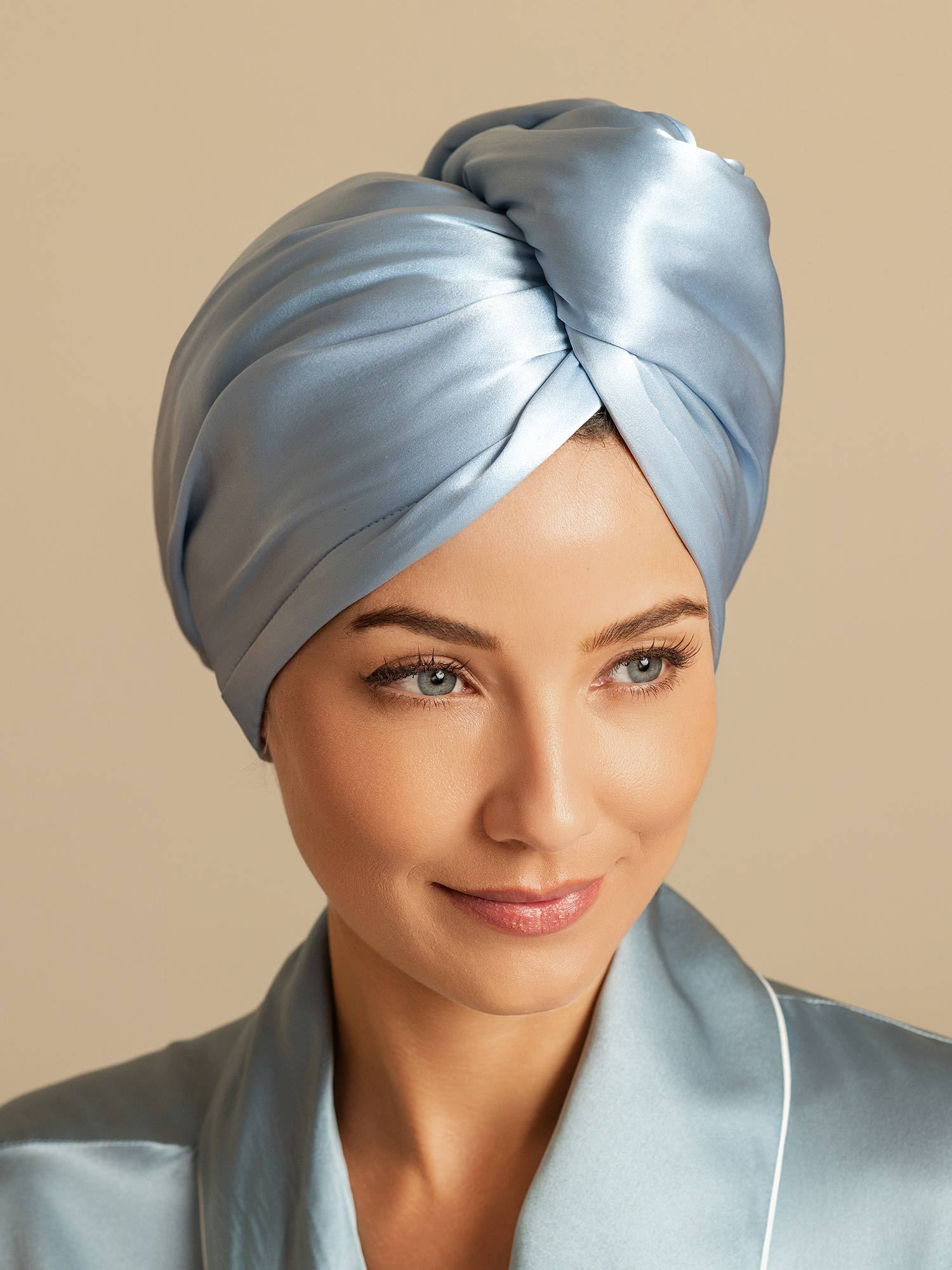 [Himmelblå] SilkSilky-NO Silke Hair Towel Wrap 003,