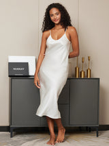 [Hvit] SilkSilky-NO Spaghetti Strap V Neck Nattkjole 003
