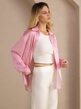 [Rosa Nålestripete] SilkSilky-NO Long Sleeve Lapel Collar Skjorte for Kvinner 005