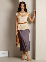 [Champagne] SilkSilky-NO Cap Sleeve Round Neck T-skjorte for Kvinner 004
