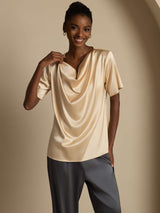 [Champagne] SilkSilky-NO Short Sleeve Cowl Neck Damebluser 003