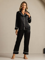 [Svart] SilkSilky-NO Long Sleeve Lapel Collar Pyjamas for Kvinner 007