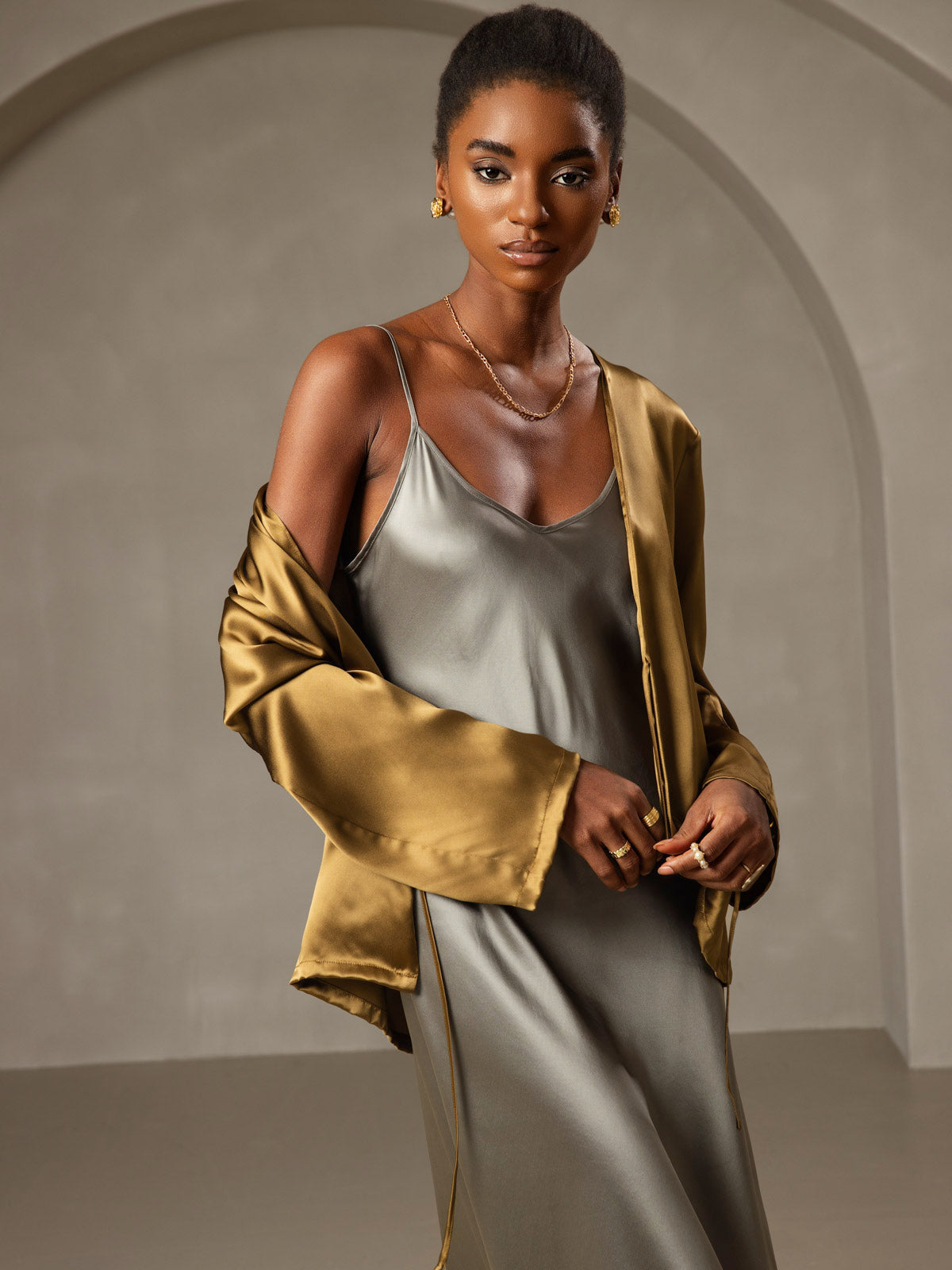 [Grågrønn] SilkSilky-NO Spaghetti Stropp V Hals Kjole 003