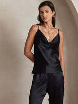 [Svart] SilkSilky-NO Spaghetti Strap Cowl Neck Camisole Topp 003