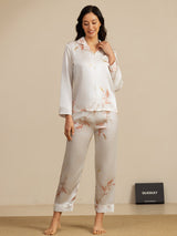 [Hvit] SilkSilky-NO 19Momme Langermet Notchkrage Pyjamas for Kvinner 005